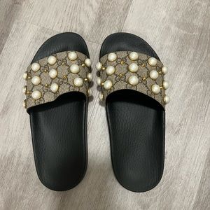 Gucci Black and Gold Pearl Embellished Sandals